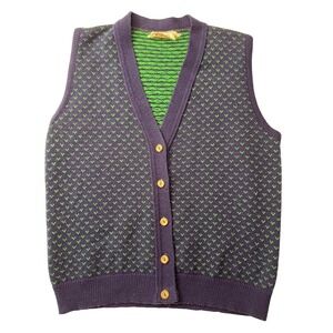 Kate Collins Sweater Button‎ Up Vest  Vintage 70's Patterned Blue W/Green USA L